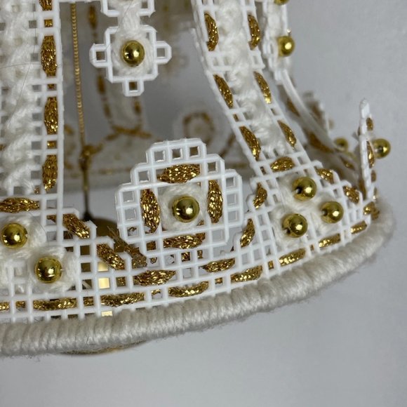 Vintage Needlepoint Christmas Bell White Gold Large Hanging Holiday Bell Decor - Picture 2 of 4